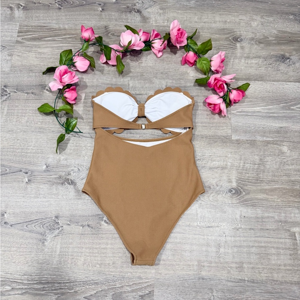 Tan Halter Strapless Scallop One Piece Small High Waisted Bathing Swimsuit - Picture 6 of 7